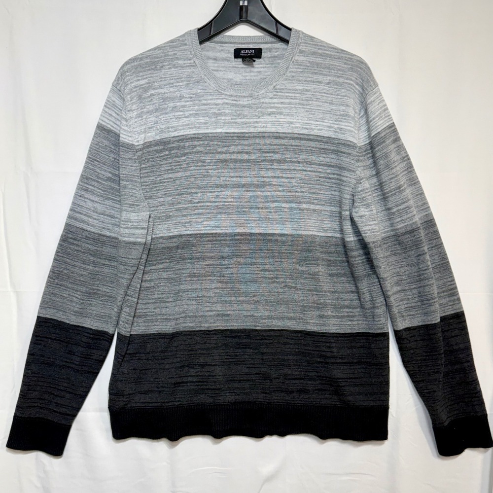 Alfani Mens Regular Fit Cotton Crew Neck Colorblock Stripe Sweater‎ Grey Black L